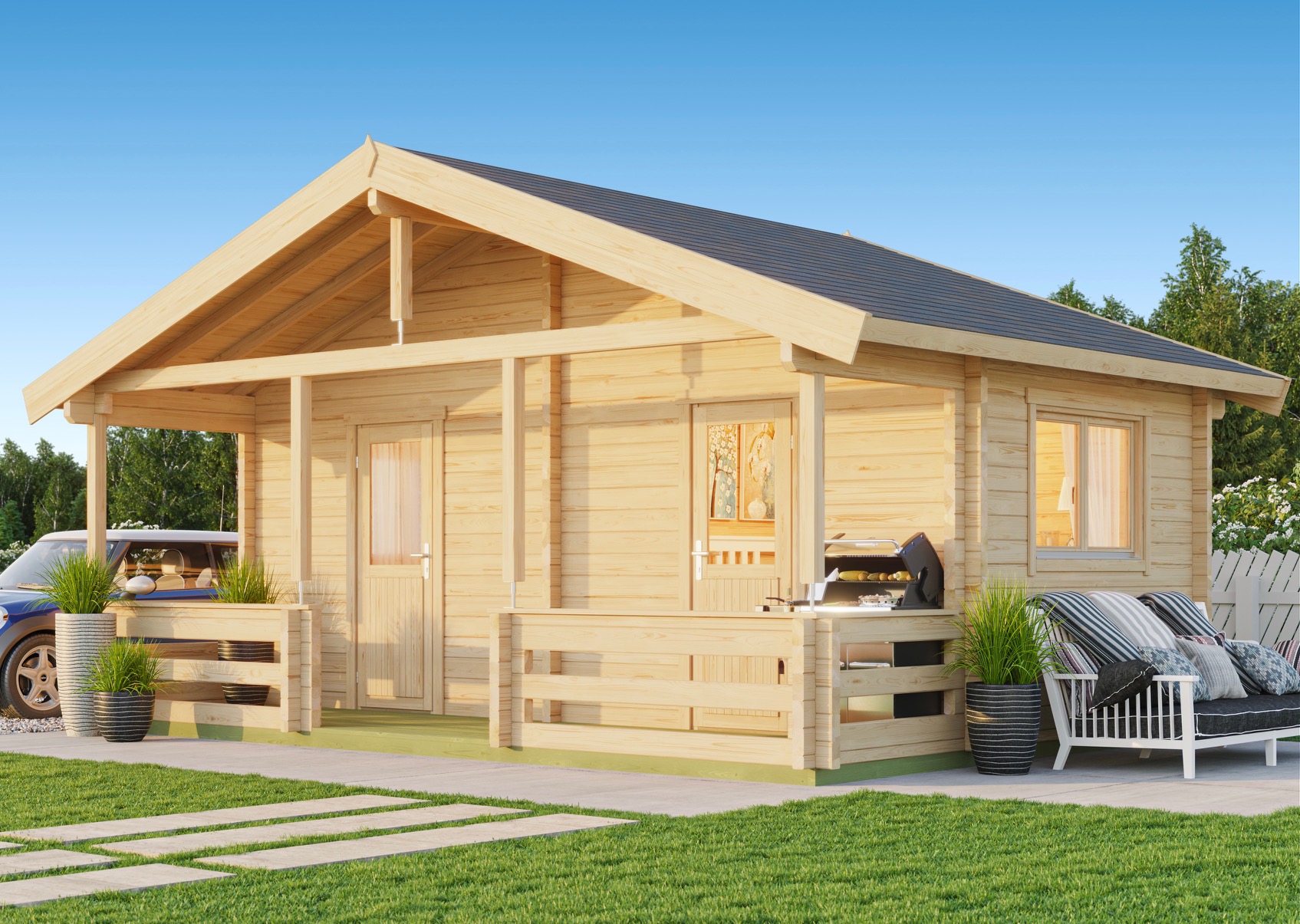 Дървено градинско бунгало Twin Cabin, 6х4.2 м, 70мм Смърч, натурално дърво