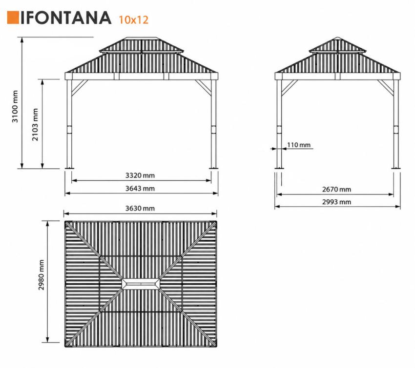Алуминиев павилион Fontana 1012 с твърд покрив и мрежа против комари Дървесен вид/Черен 298x363x310 см - Image 13